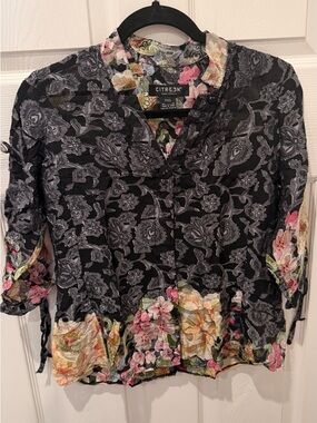 Citron Black Floral-Trim Sheer Button Front Blouse